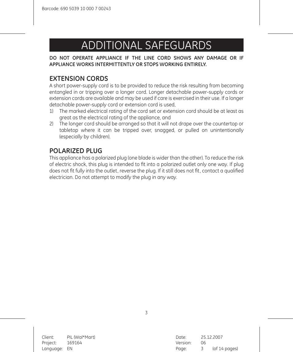 Additional safeguards, Extension cords, Polarized plug | GE 690503910000700243 User Manual | Page 3 / 14