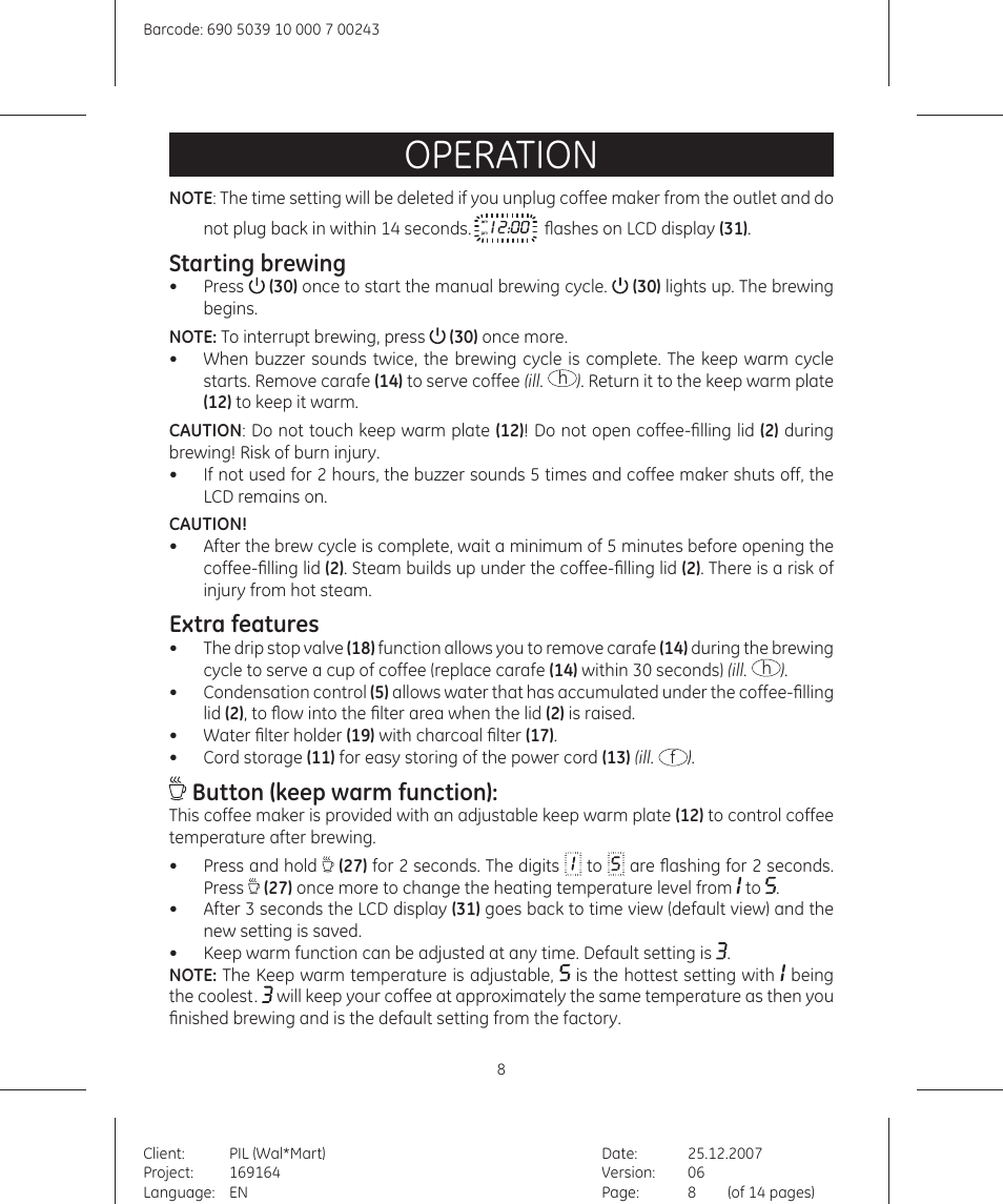 Operation, Starting brewing, Extra features | Button (keep warm function) | GE 690503910000700243 User Manual | Page 8 / 14