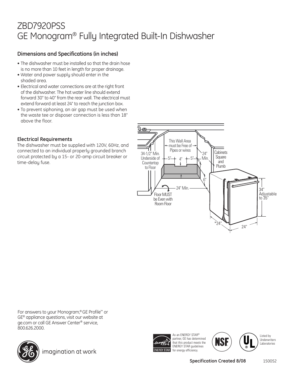 GE ZBD7920PSS User Manual | 2 pages