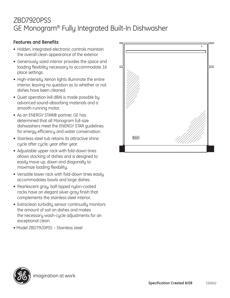 Zbd0710kss, Zbd7920pss ge monogram, Fully integrated built-in dishwasher | GE ZBD7920PSS User Manual | Page 2 / 2