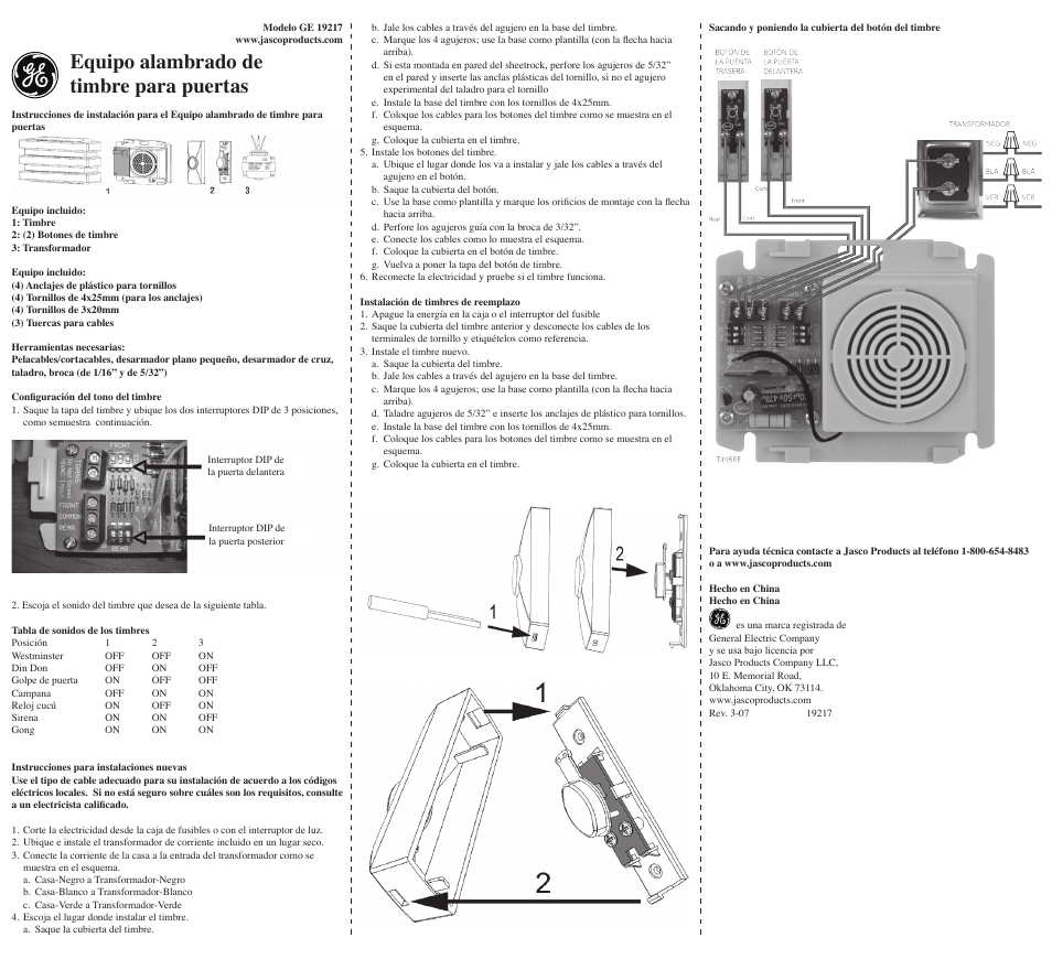 Equipo alambrado de timbre para puertas | GE 19217 User Manual | Page 2 / 2