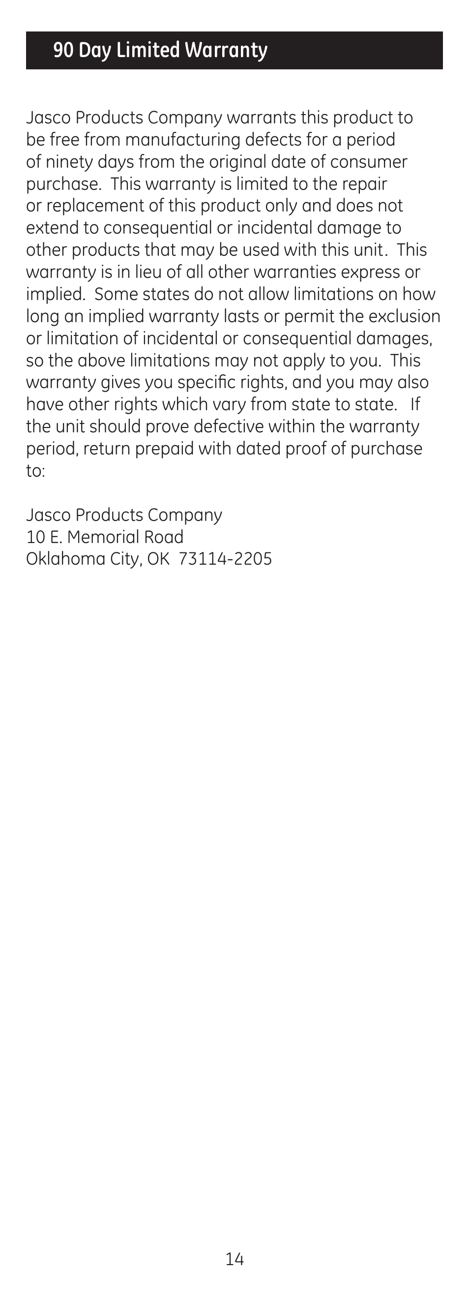 90 day limited warranty | GE 24116 User Manual | Page 14 / 16