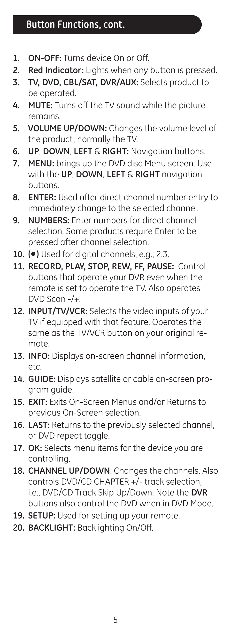 Button functions, cont | GE 24116 User Manual | Page 5 / 16