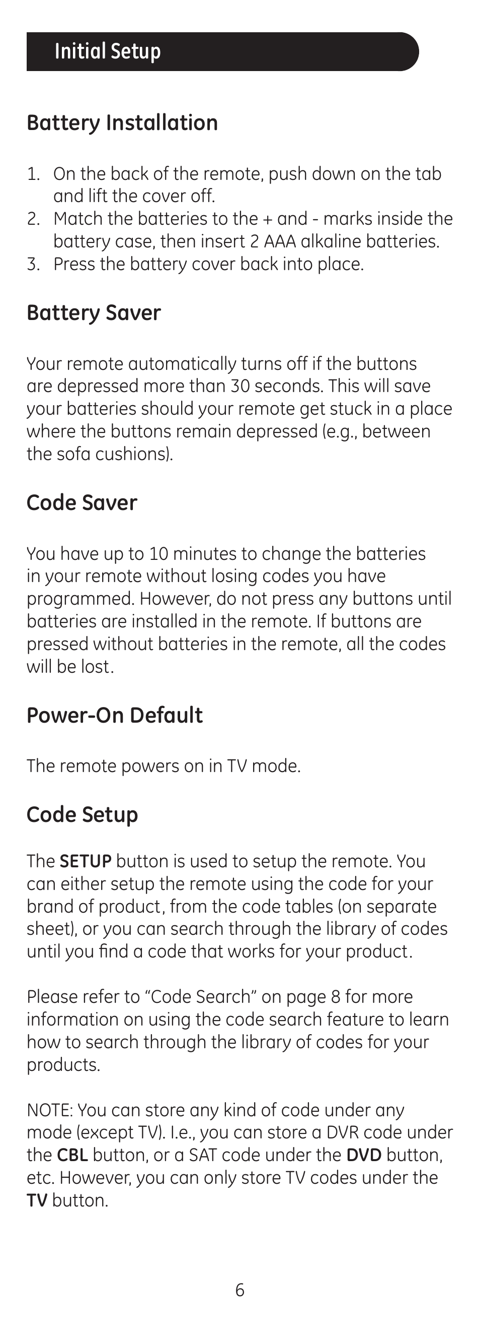 Battery installation, Battery saver, Code saver | Power-on default, Code setup, Initial setup | GE 24116 User Manual | Page 6 / 16