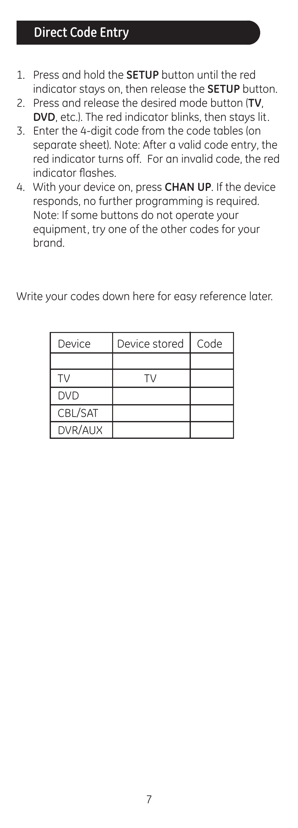 Direct code entry | GE 24116 User Manual | Page 7 / 16