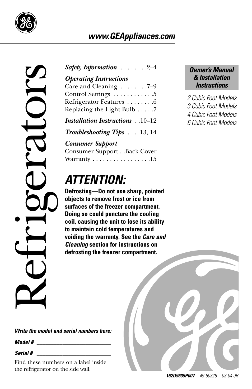 GE Cubic Foot User Manual | 16 pages