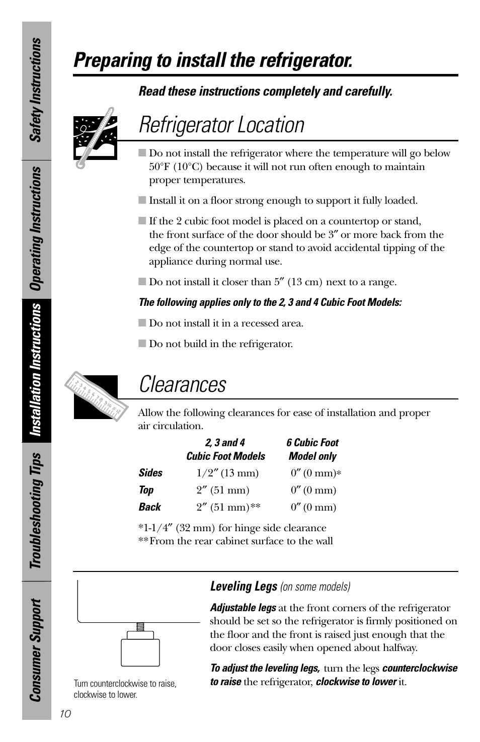 Installation instructions, Refrigerator location, Clearances | Preparing to install the refrigerator | GE Cubic Foot User Manual | Page 10 / 16