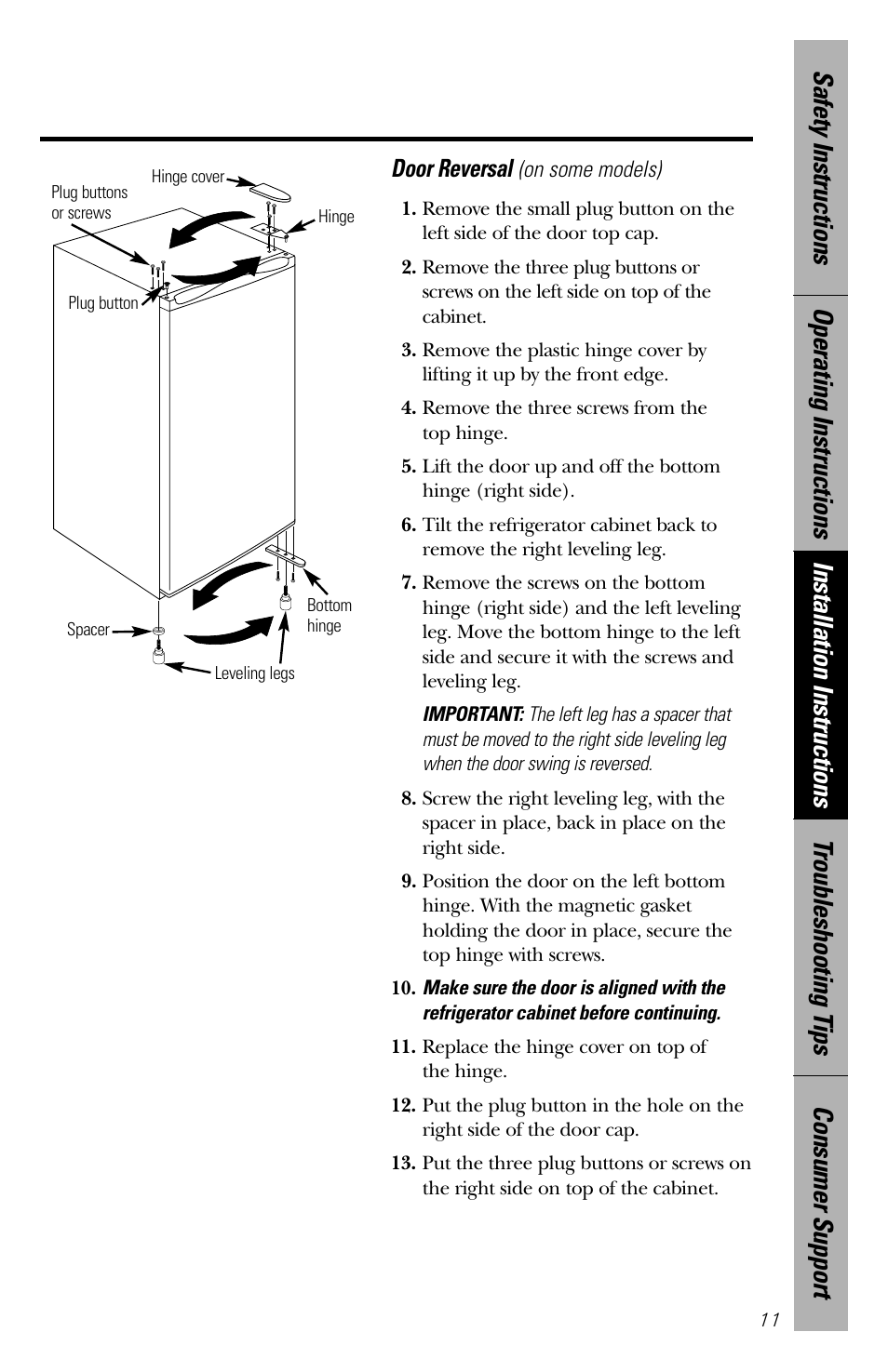 Door reversal | GE Cubic Foot User Manual | Page 11 / 16