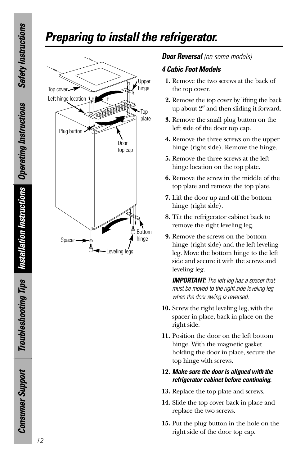 Preparing to install the refrigerator, Door reversal | GE Cubic Foot User Manual | Page 12 / 16