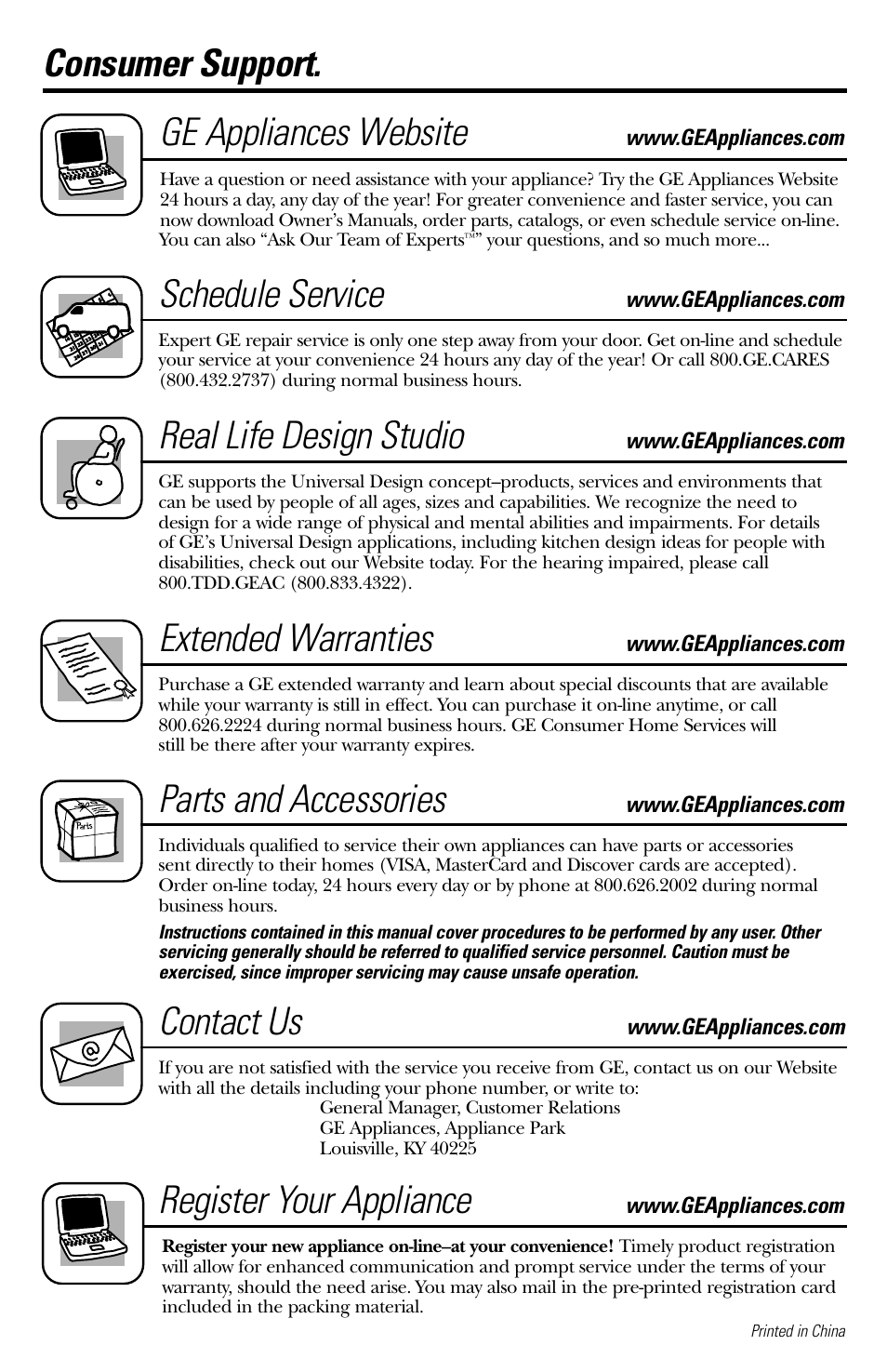 Consumer support, Consumer support . .back cover, Consumer support. ge appliances website | Schedule service, Real life design studio, Extended warranties, Parts and accessories, Contact us, Register your appliance | GE Cubic Foot User Manual | Page 16 / 16