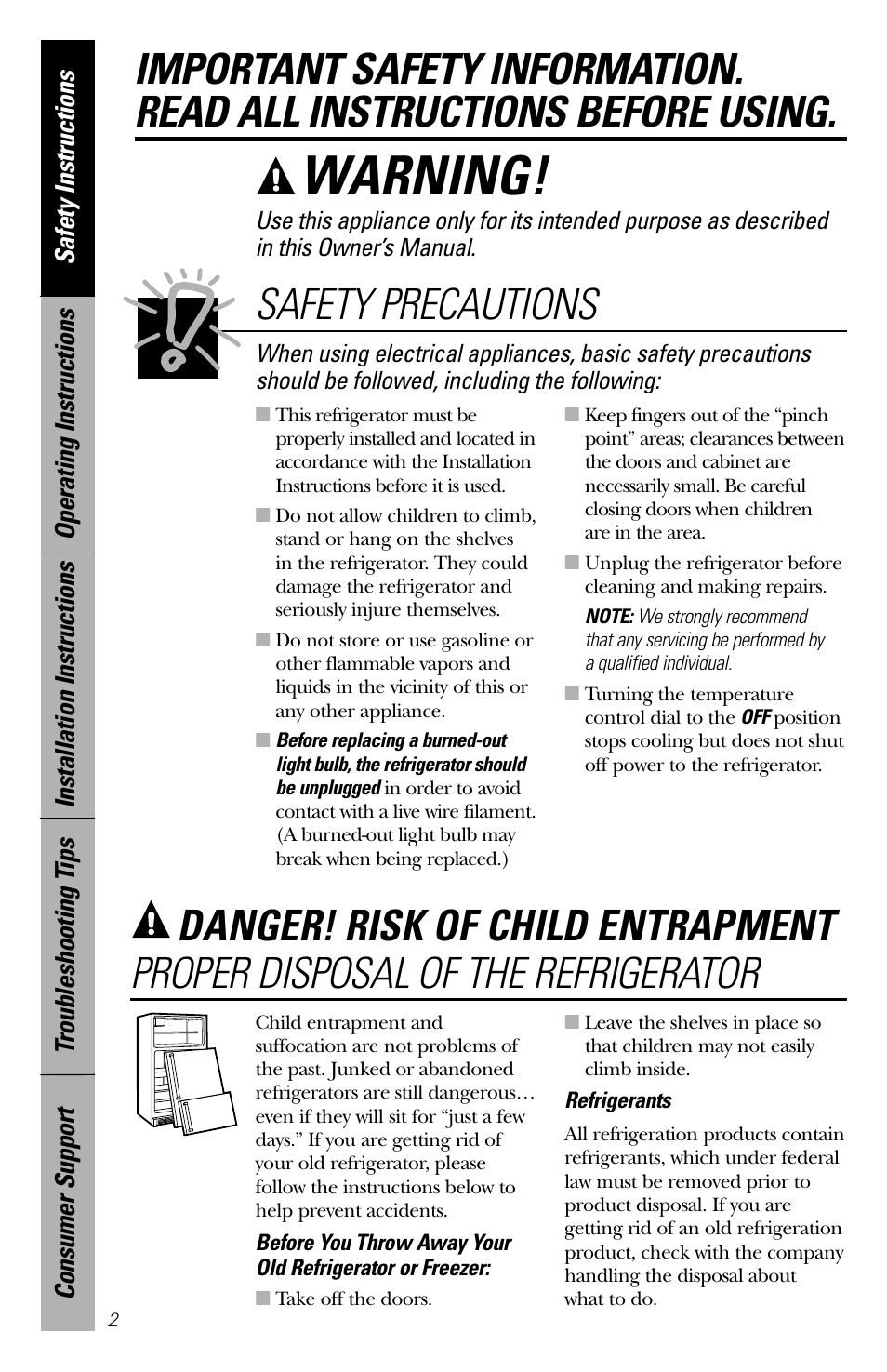 Safety information, Warning, Danger! risk of child entrapment | Safety precautions, Proper disposal of the refrigerator | GE Cubic Foot User Manual | Page 2 / 16