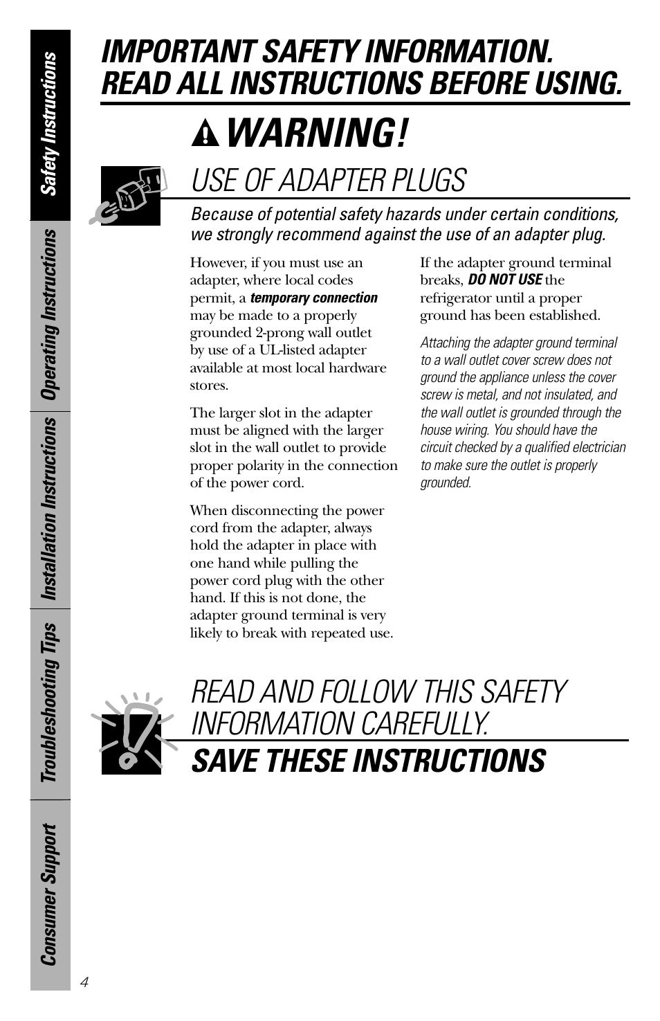 Warning, Use of adapter plugs | GE Cubic Foot User Manual | Page 4 / 16