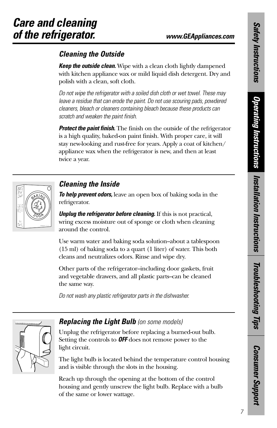 Care and cleaning, Replacing the light bulb, Care and cleaning –9 | Care and cleaning of the refrigerator | GE Cubic Foot User Manual | Page 7 / 16