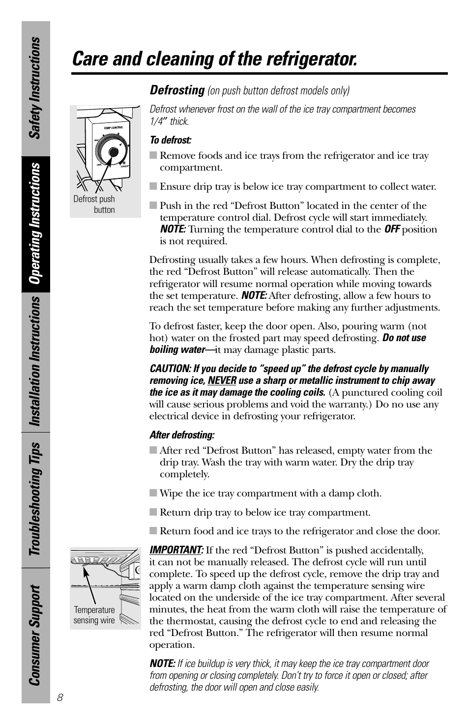 Care and cleaning of the refrigerator | GE Cubic Foot User Manual | Page 8 / 16