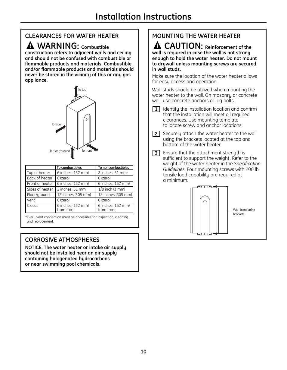 Mounting the water heater, Installation instructions, Caution | Warning, Corrosive atmospheres, Clearances for water heater | GE GN75DNSRSA User Manual | Page 10 / 28