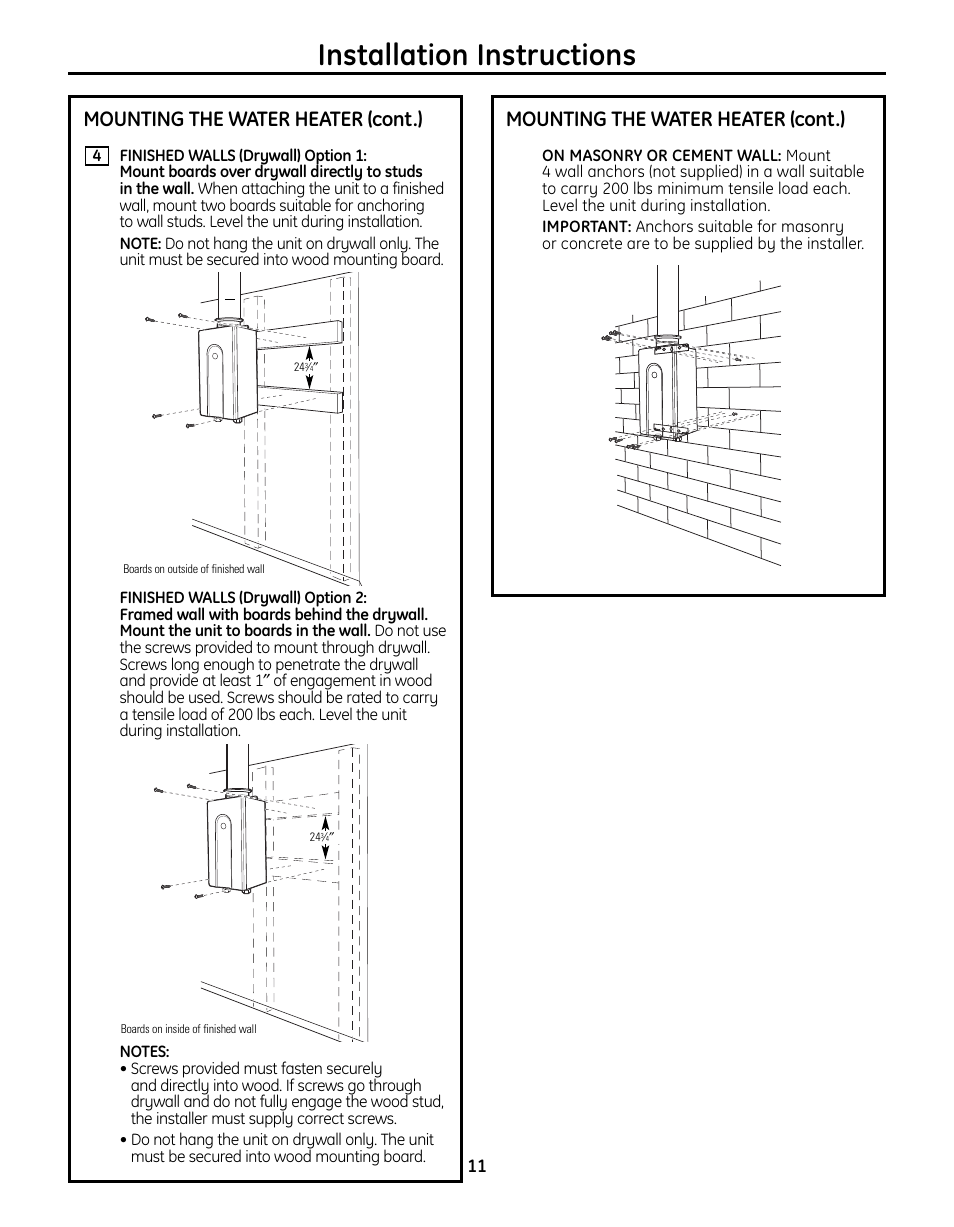 Installation instructions, Mounting the water heater (cont.) | GE GN75DNSRSA User Manual | Page 11 / 28
