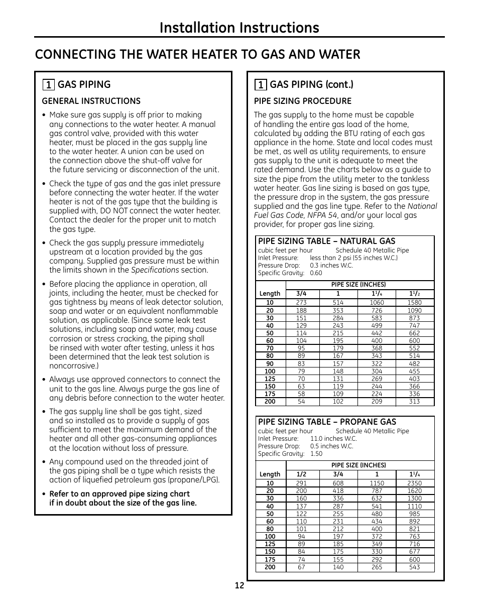 Gas piping, Installation instructions, Connecting the water heater to gas and water | Gas piping (cont.), 1gas piping, Pipe sizing procedure, General instructions, Pipe sizing table – natural gas, Pipe sizing table – propane gas | GE GN75DNSRSA User Manual | Page 12 / 28