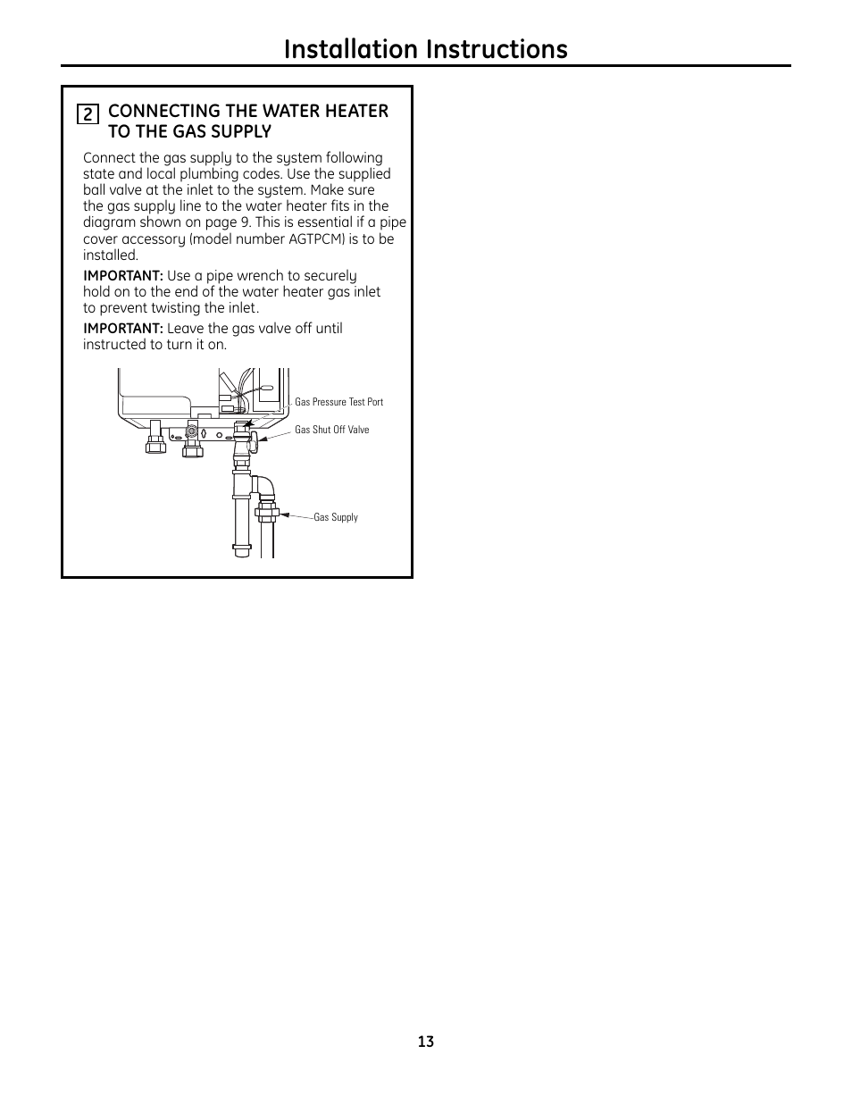 Connecting the water heaterto the gas supply, Installation instructions, Connecting the water heater to the gas supply 2 | GE GN75DNSRSA User Manual | Page 13 / 28