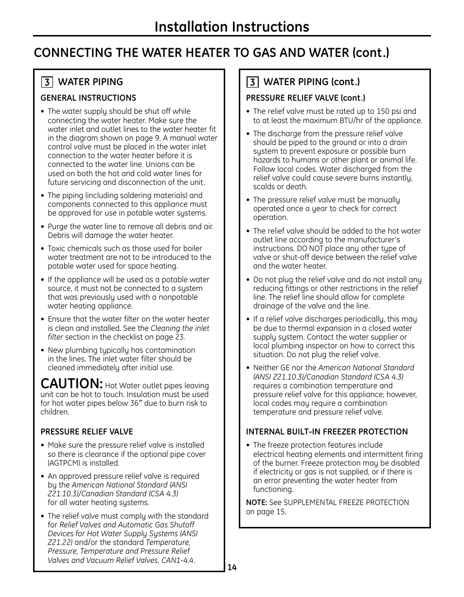 Water piping, Installation instructions, Caution | 3water piping (cont.) | GE GN75DNSRSA User Manual | Page 14 / 28