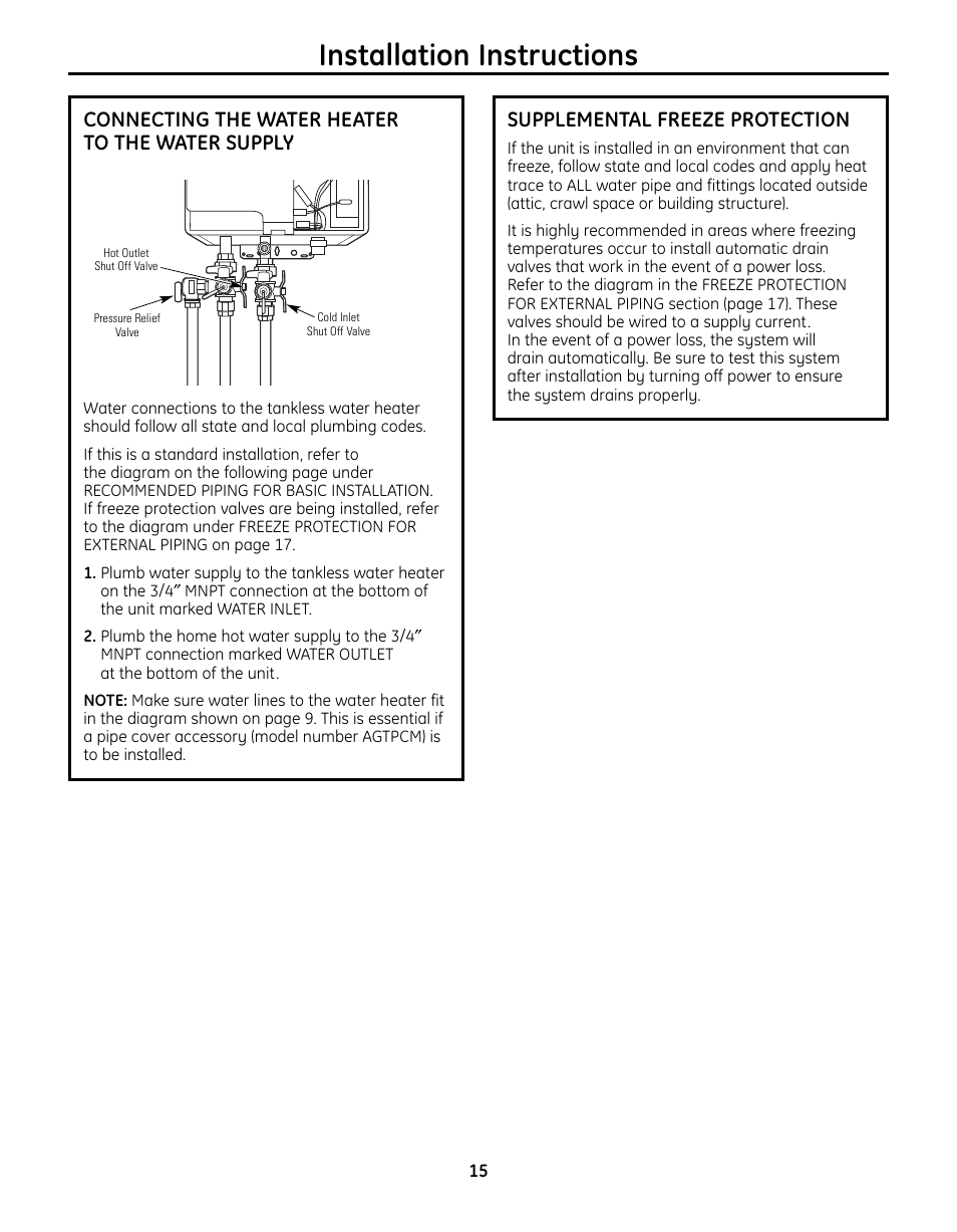 Connecting the water heaterto the water supply, Installation instructions, Connecting the water heater to the water supply | Supplemental freeze protection | GE GN75DNSRSA User Manual | Page 15 / 28