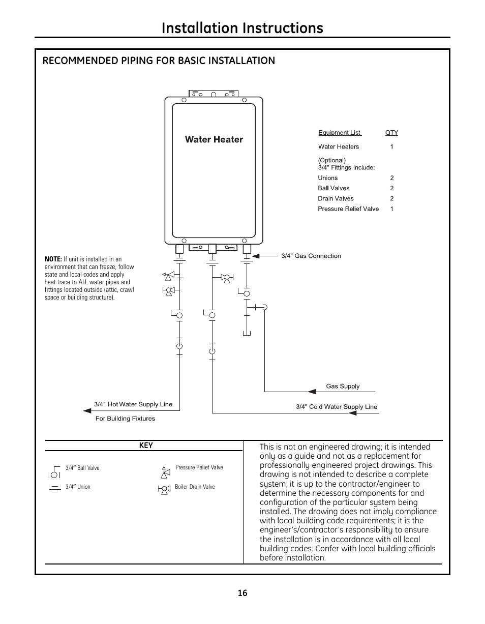 Installation instructions, Recommended piping for basic installation | GE GN75DNSRSA User Manual | Page 16 / 28
