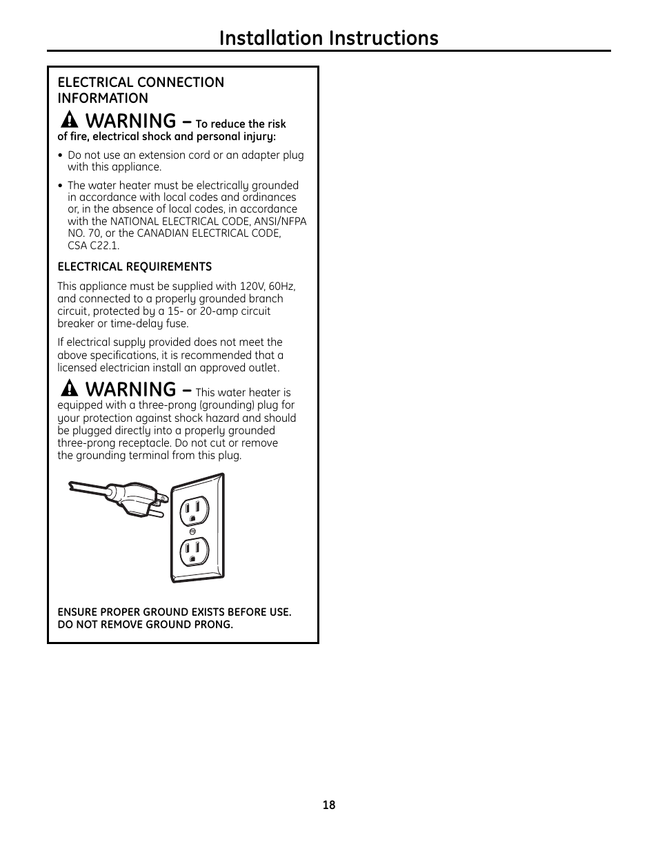 Electrical connectioninformation, Installation instructions, Warning | GE GN75DNSRSA User Manual | Page 18 / 28