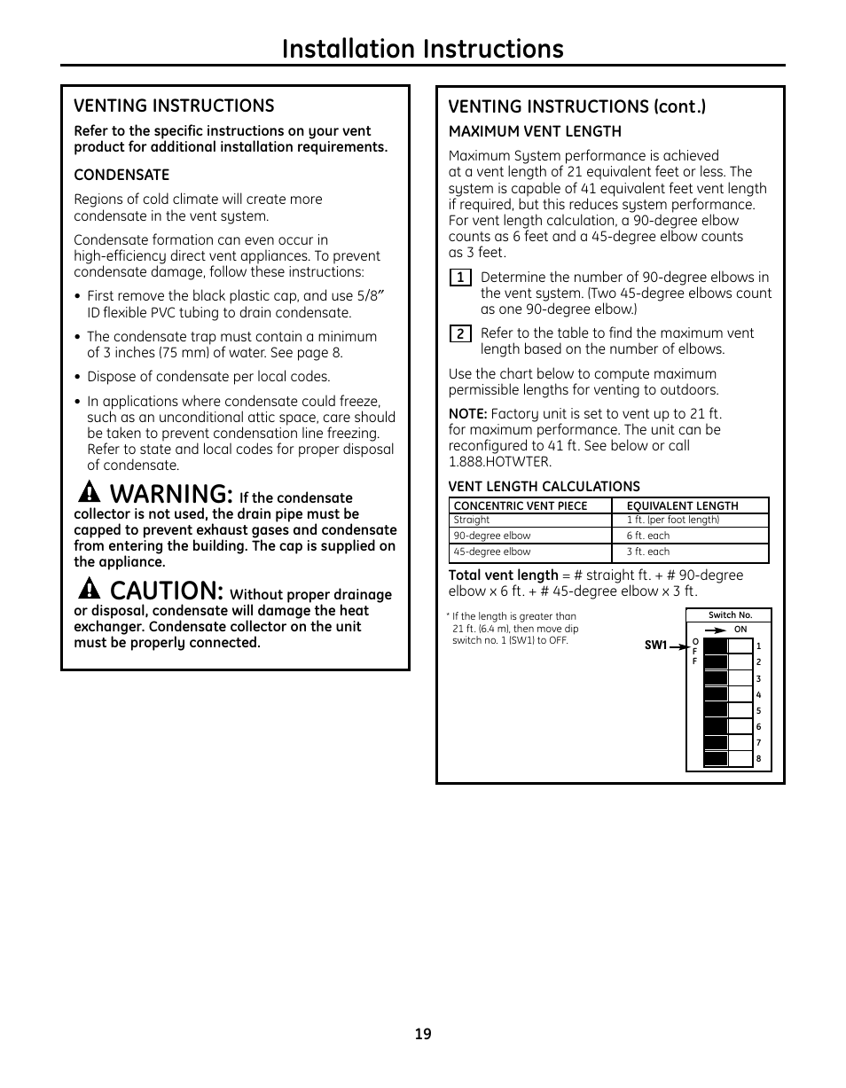 Venting instructions, Installation instructions, Warning | Caution, Venting instructions (cont.) | GE GN75DNSRSA User Manual | Page 19 / 28
