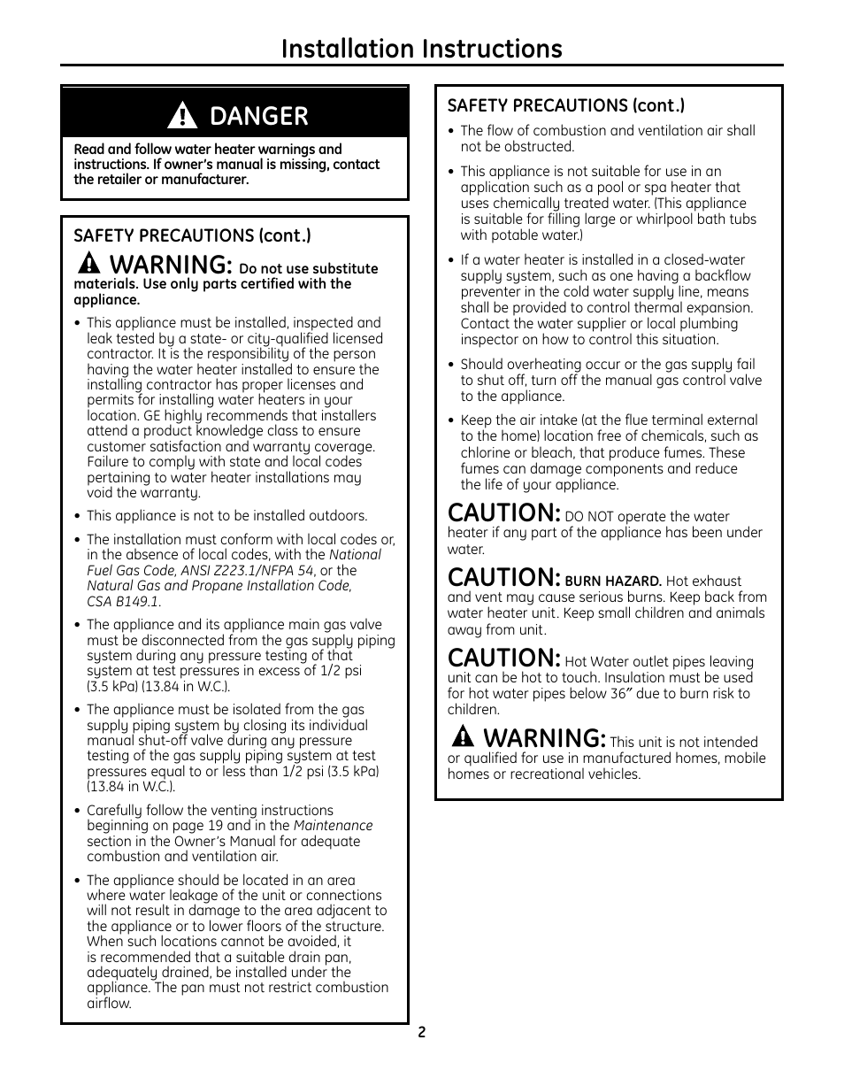 Installation instructions, Warning, Caution | Danger | GE GN75DNSRSA User Manual | Page 2 / 28