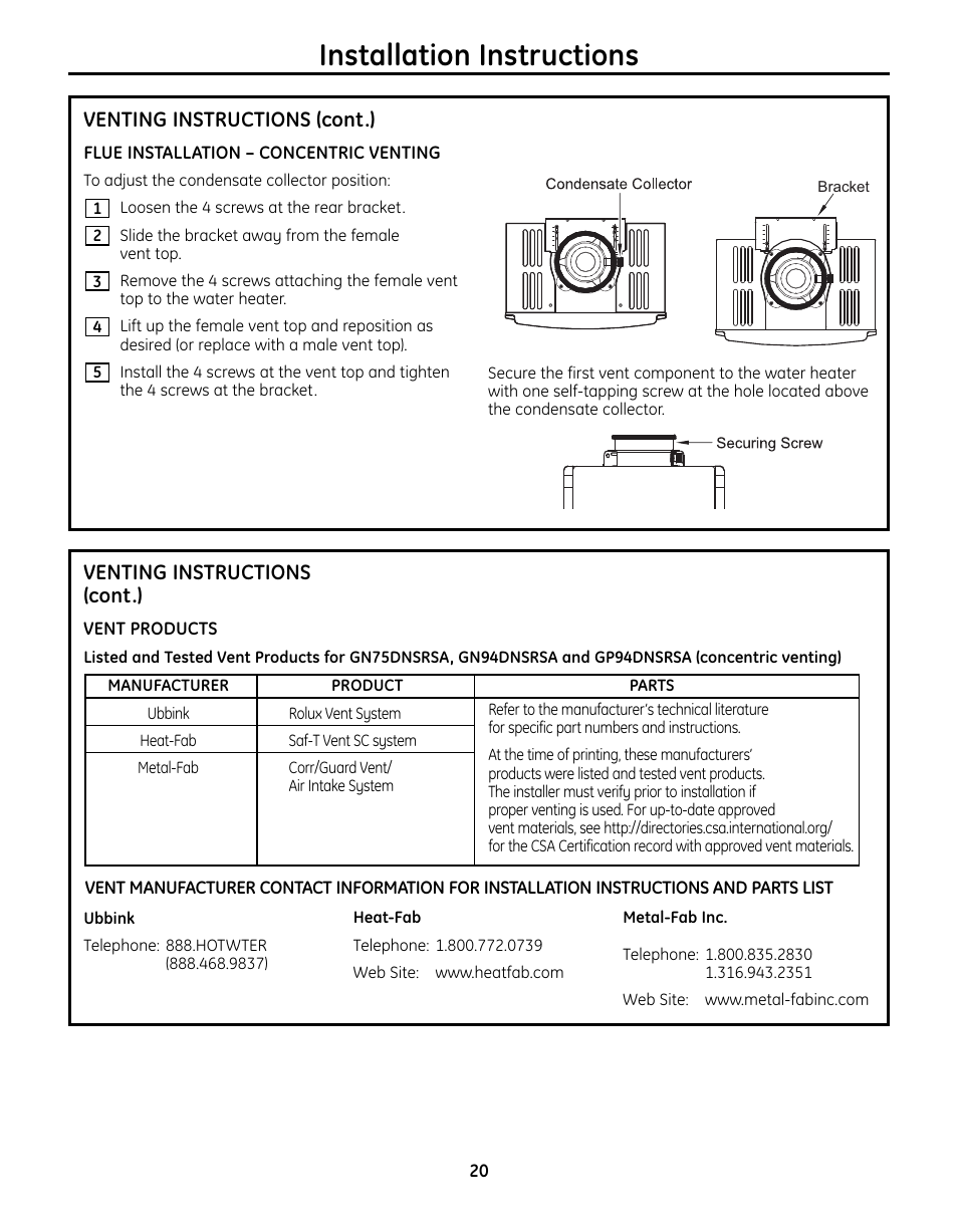 Installation instructions, Venting instructions (cont.) | GE GN75DNSRSA User Manual | Page 20 / 28