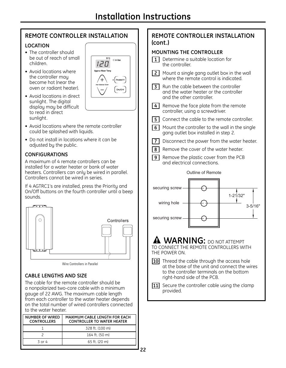 Remote controller installation, Installation instructions, Warning | Remote controller installation (cont.) | GE GN75DNSRSA User Manual | Page 22 / 28