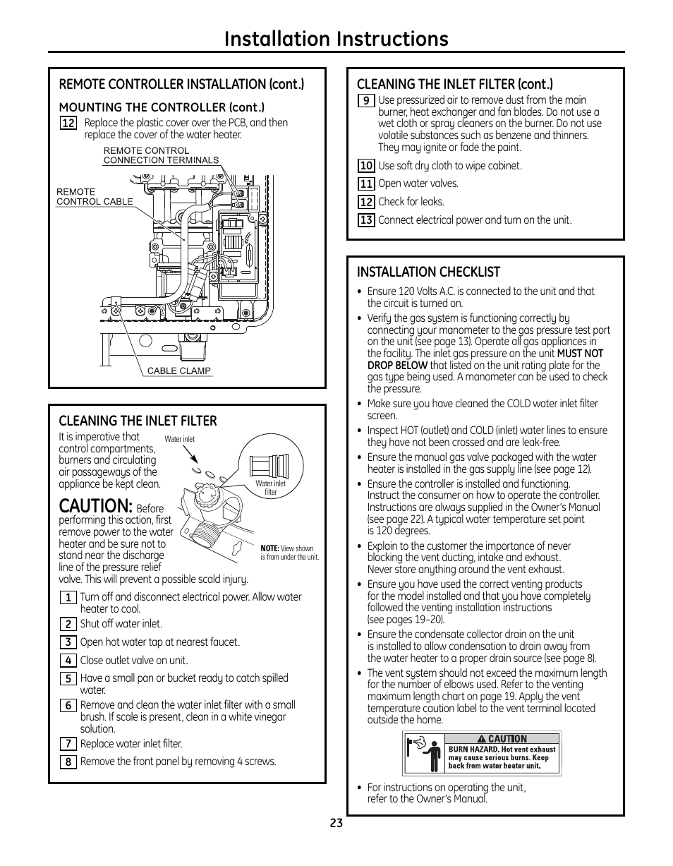 Cleaning the inlet filter, Installation checklist, Installation instructions | Caution, Remote controller installation (cont.), Cleaning the inlet filter (cont.) | GE GN75DNSRSA User Manual | Page 23 / 28