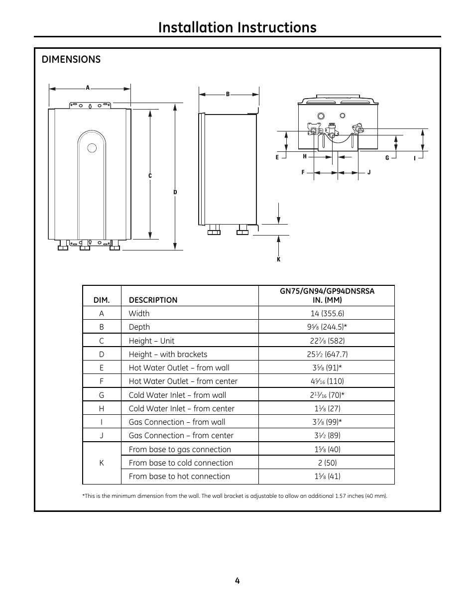 Dimensions, Installation instructions | GE GN75DNSRSA User Manual | Page 4 / 28