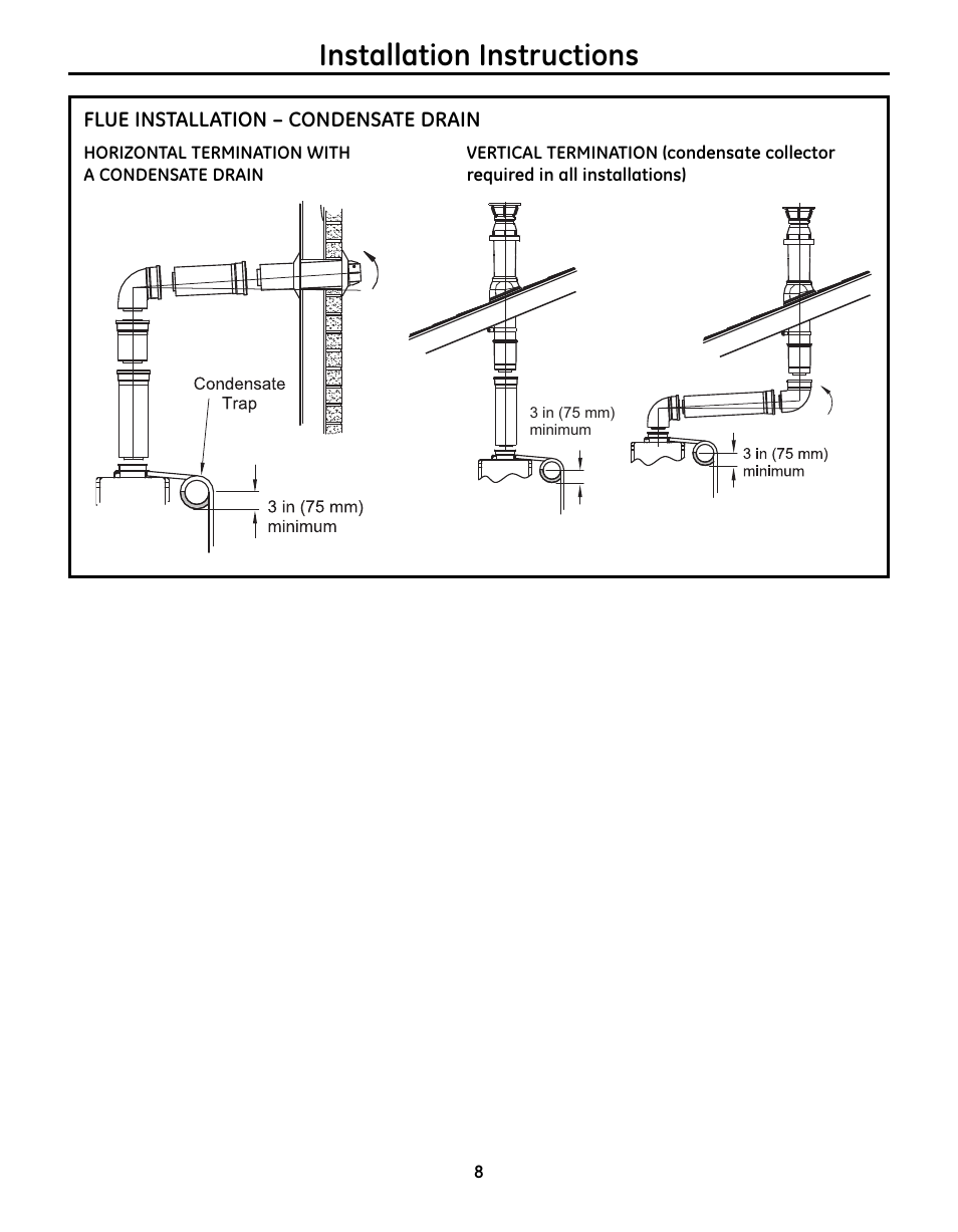 Flue installation – condensate drain, Installation instructions | GE GN75DNSRSA User Manual | Page 8 / 28