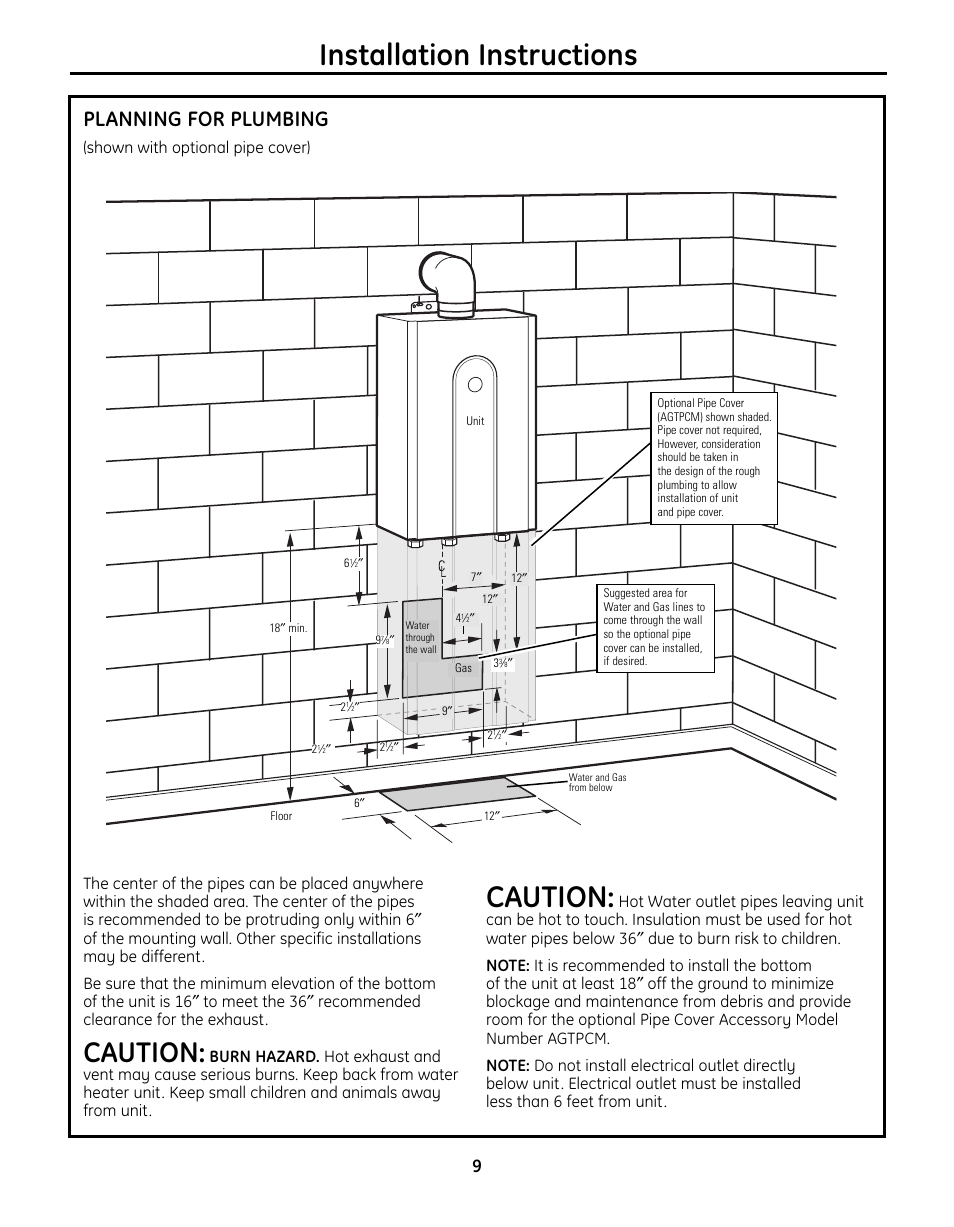 Planning for plumbing, Installation instructions, Caution | GE GN75DNSRSA User Manual | Page 9 / 28