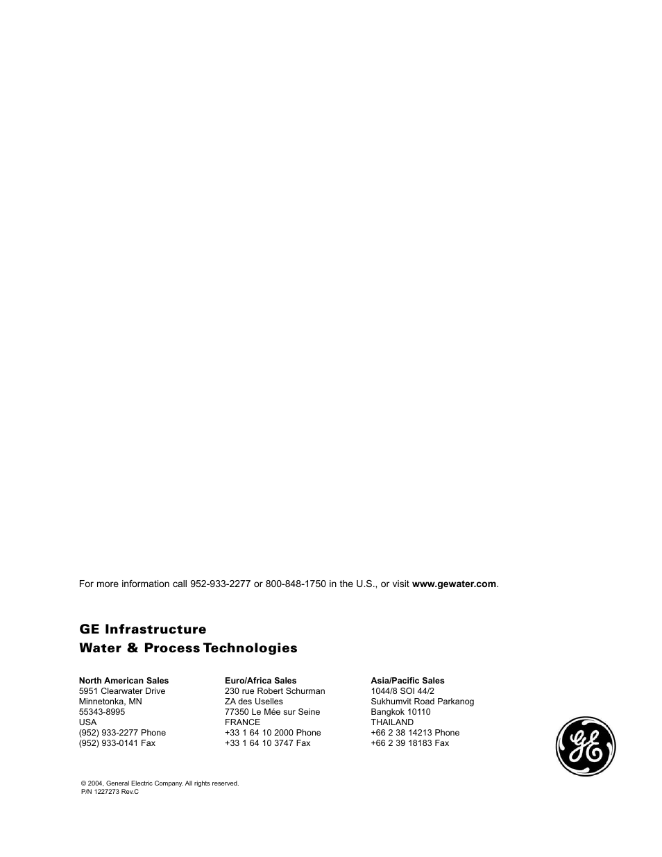 Ge infrastructure water & process technologies | GE EZ2 Series User Manual | Page 25 / 25