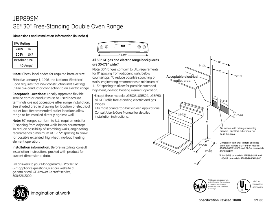 GE JBP89SM User Manual | 2 pages