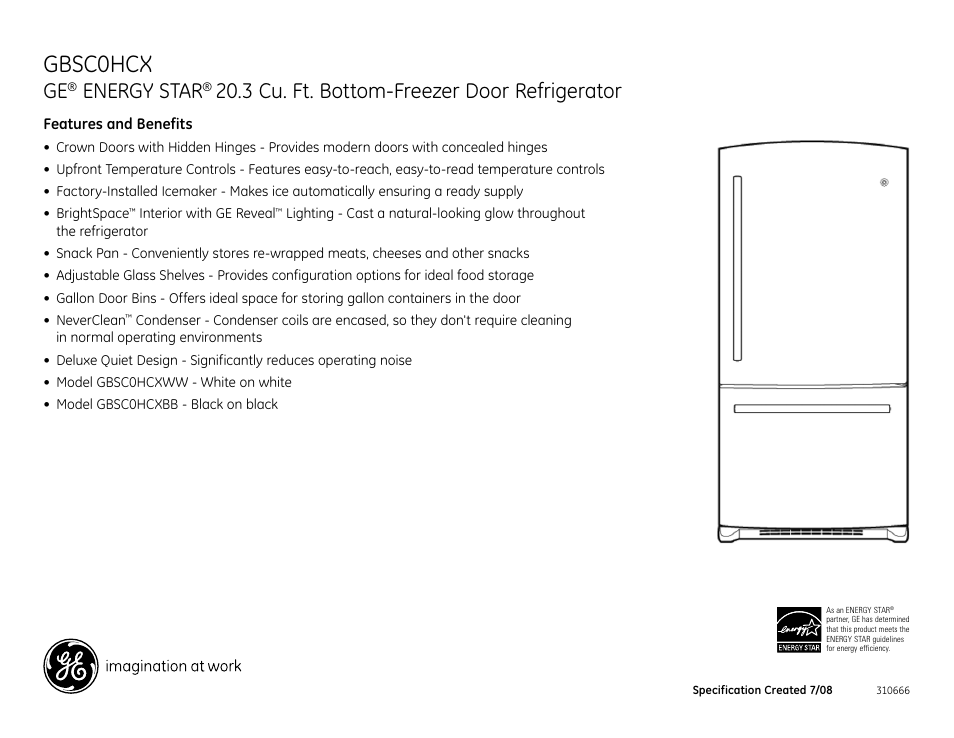 Gbsc0hcx, Energy star, 3 cu. ft. bottom-freezer door refrigerator | GE GBSC0HCX User Manual | Page 2 / 2