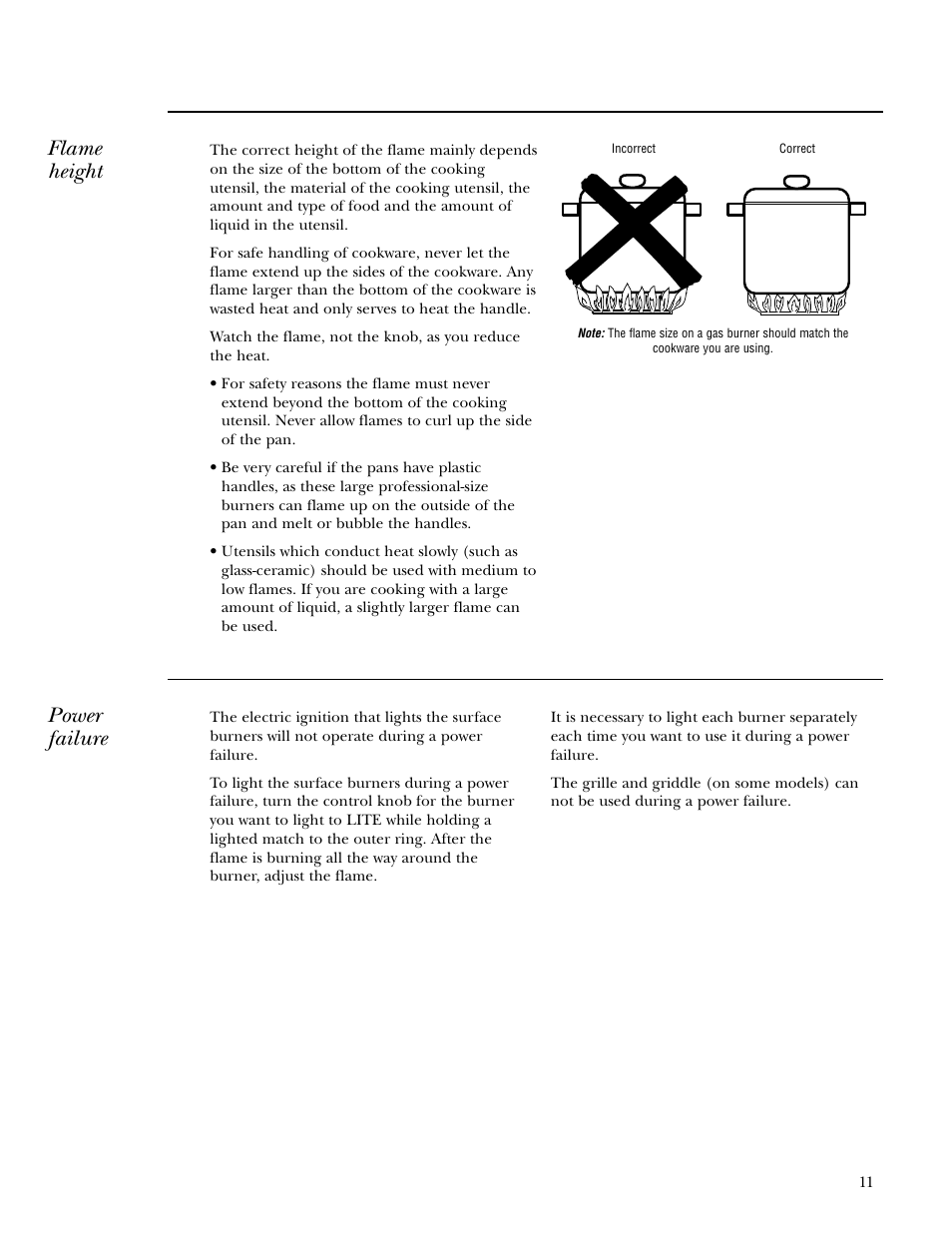 Power failure, Flame height | GE 36 User Manual | Page 11 / 24