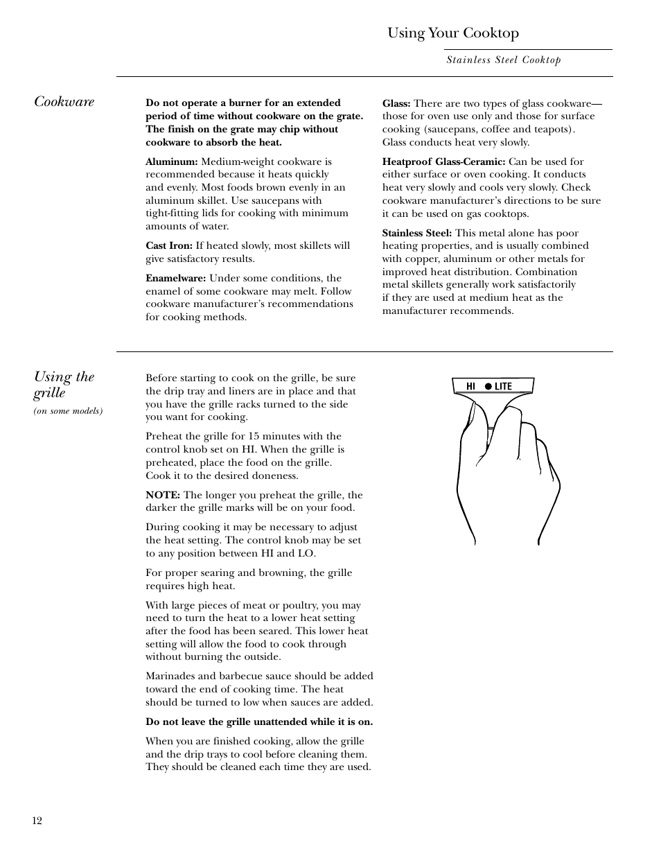 Cookware, Grille, Grille –14 | Using your cooktop, Using the grille | GE 36 User Manual | Page 12 / 24