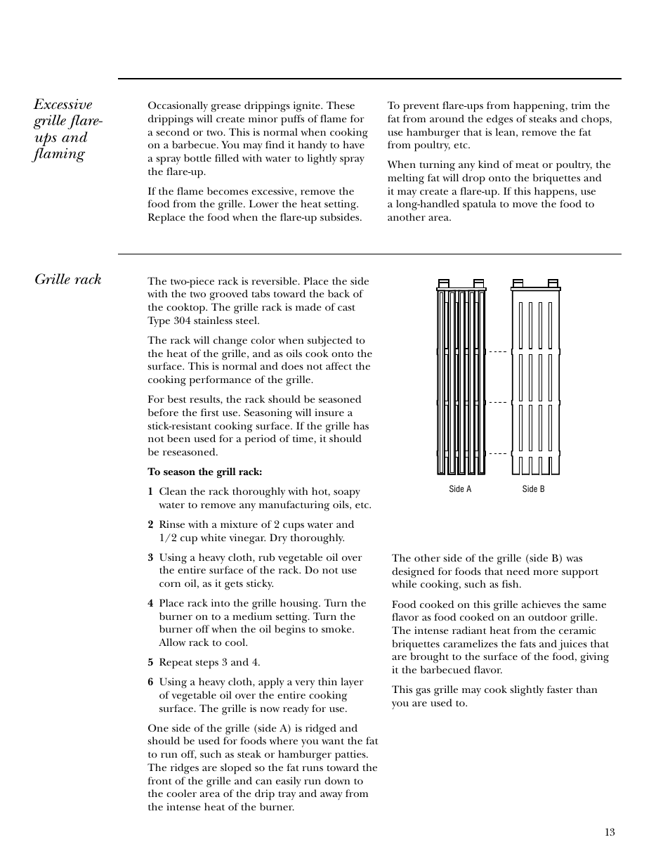 Grille rack, Excessive grille flare- ups and flaming | GE 36 User Manual | Page 13 / 24