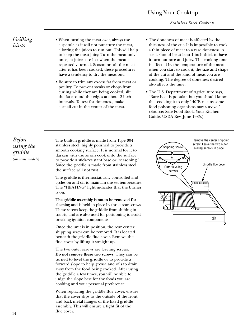 Griddle, Griddle , 15, Using your cooktop | Grilling hints, Before using the griddle | GE 36 User Manual | Page 14 / 24