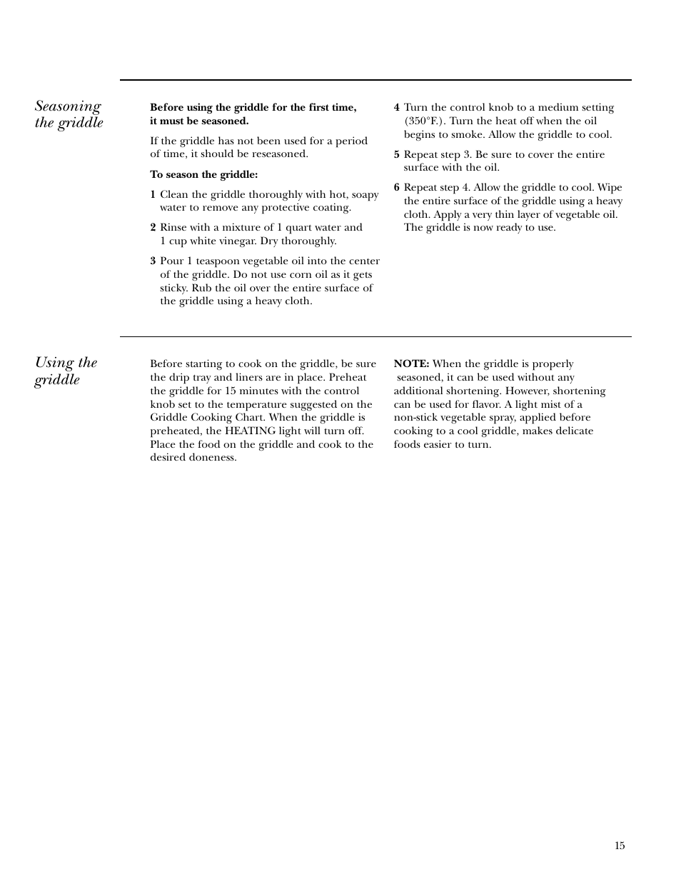 Seasoning the griddle, Using the griddle | GE 36 User Manual | Page 15 / 24