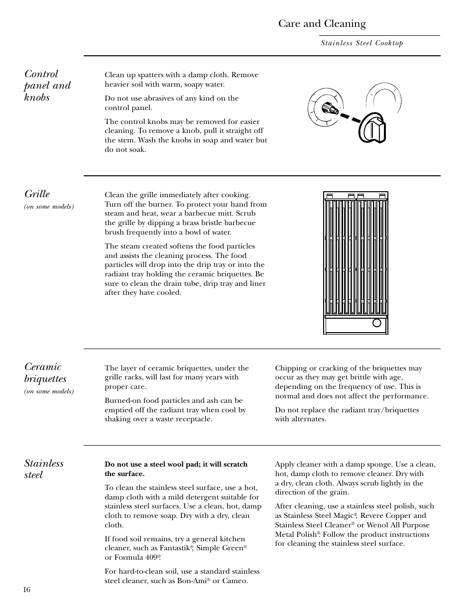 Ceramic briquettes, Control knobs, Grille | Stainless steel, Ceramic briquettes control knobs, Grille stainless steel, Care and cleaning, Control panel and knobs | GE 36 User Manual | Page 16 / 24