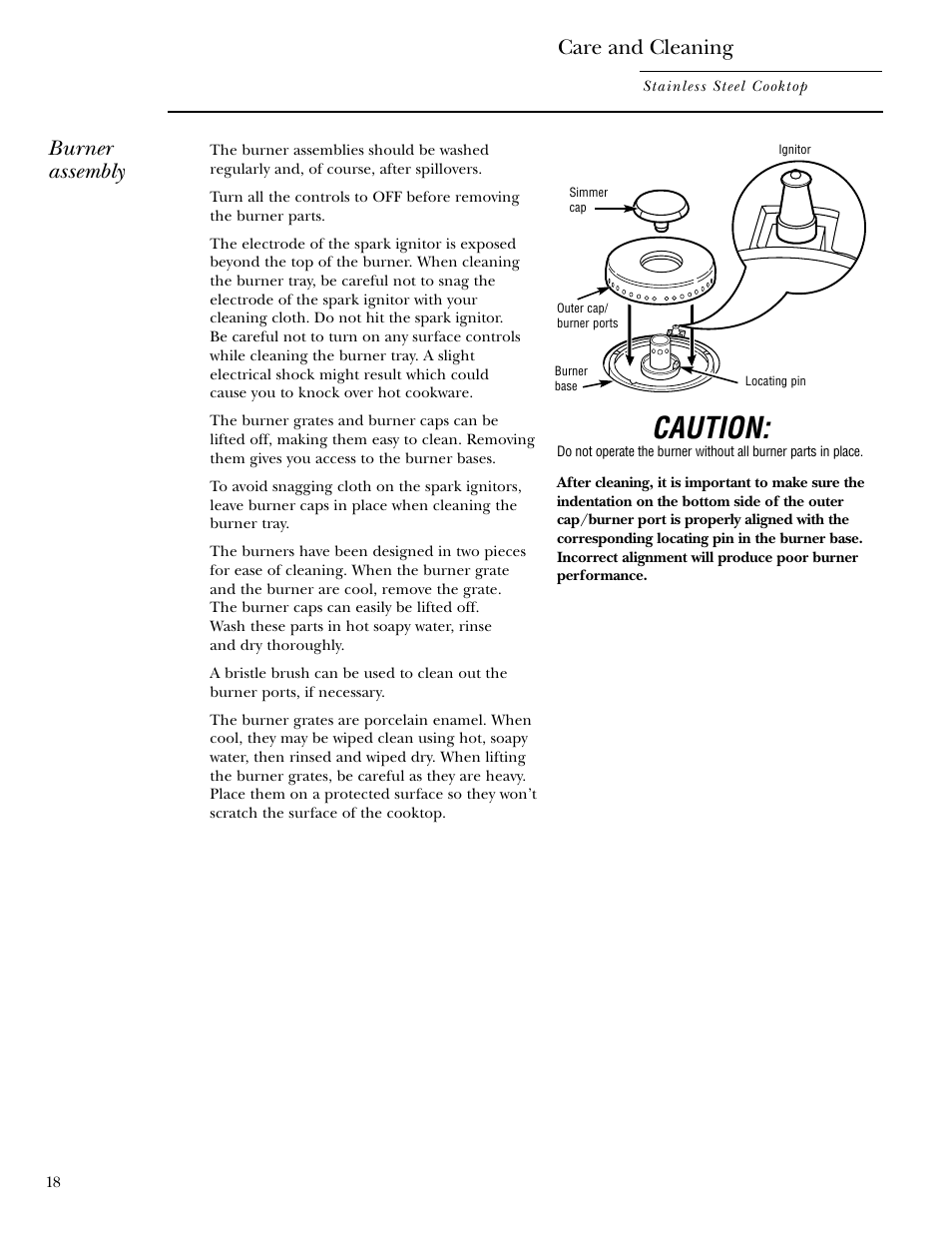 Burner assembly, Caution, Care and cleaning | GE 36 User Manual | Page 18 / 24