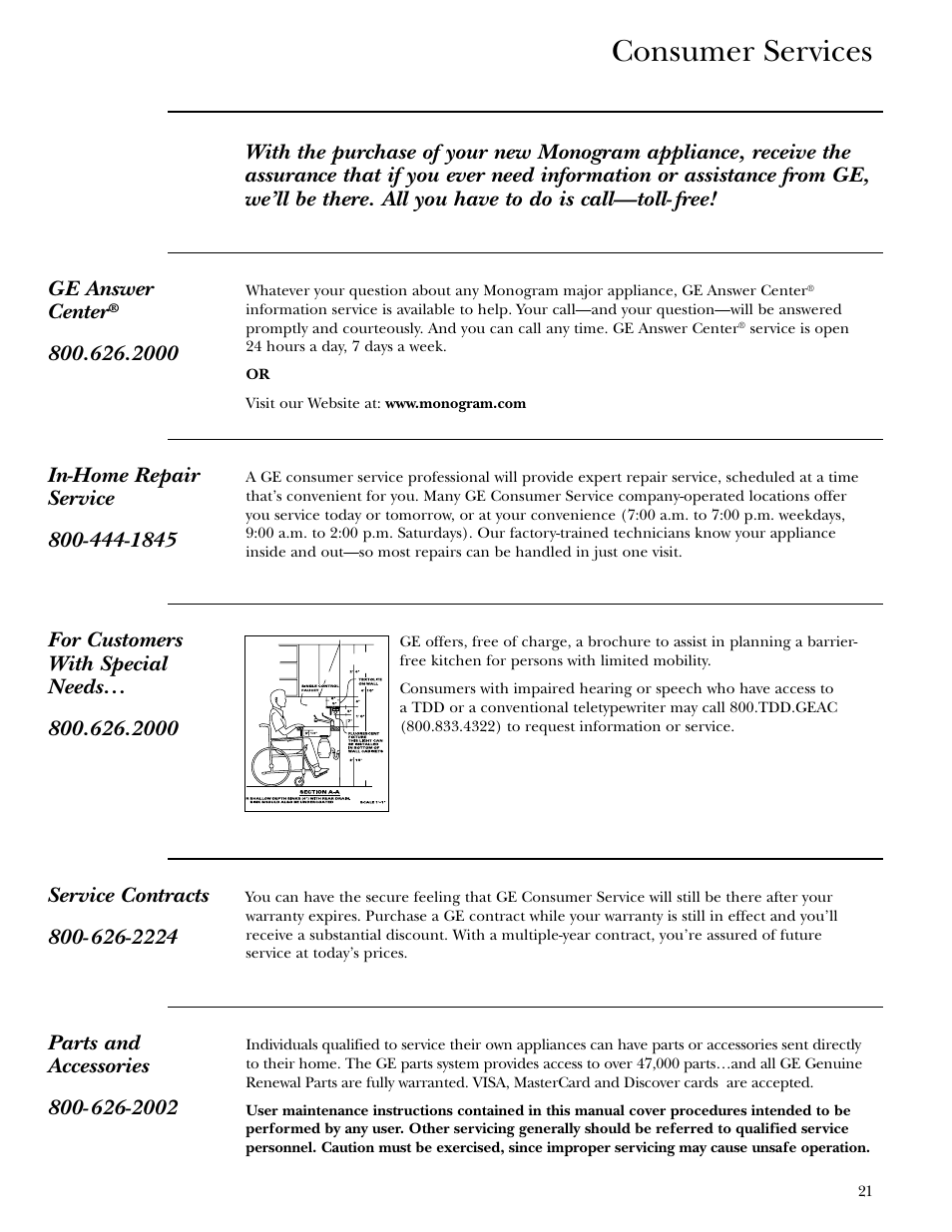 Important phone numbers, Consumer services | GE 36 User Manual | Page 21 / 24