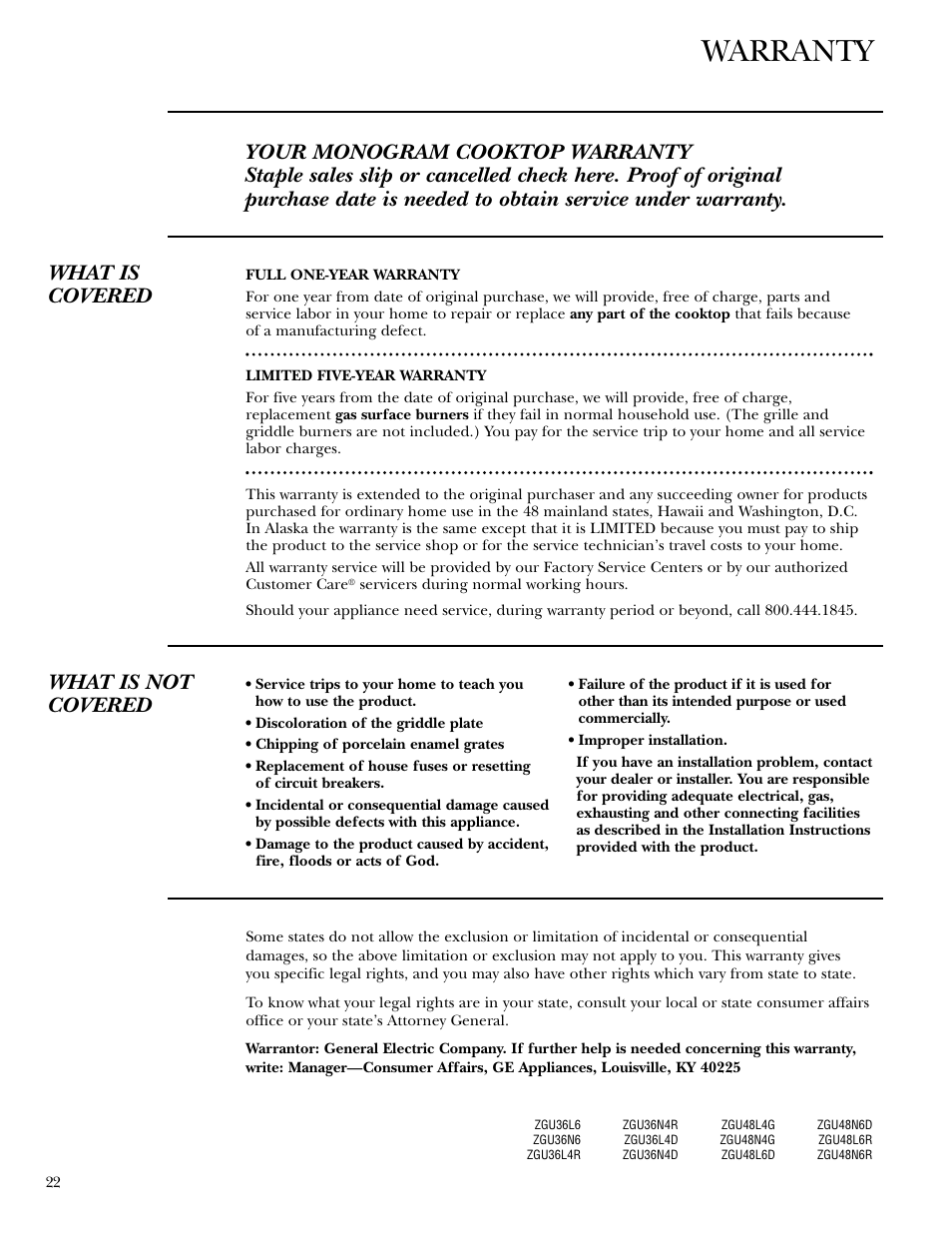 Warranty, What is not covered | GE 36 User Manual | Page 22 / 24