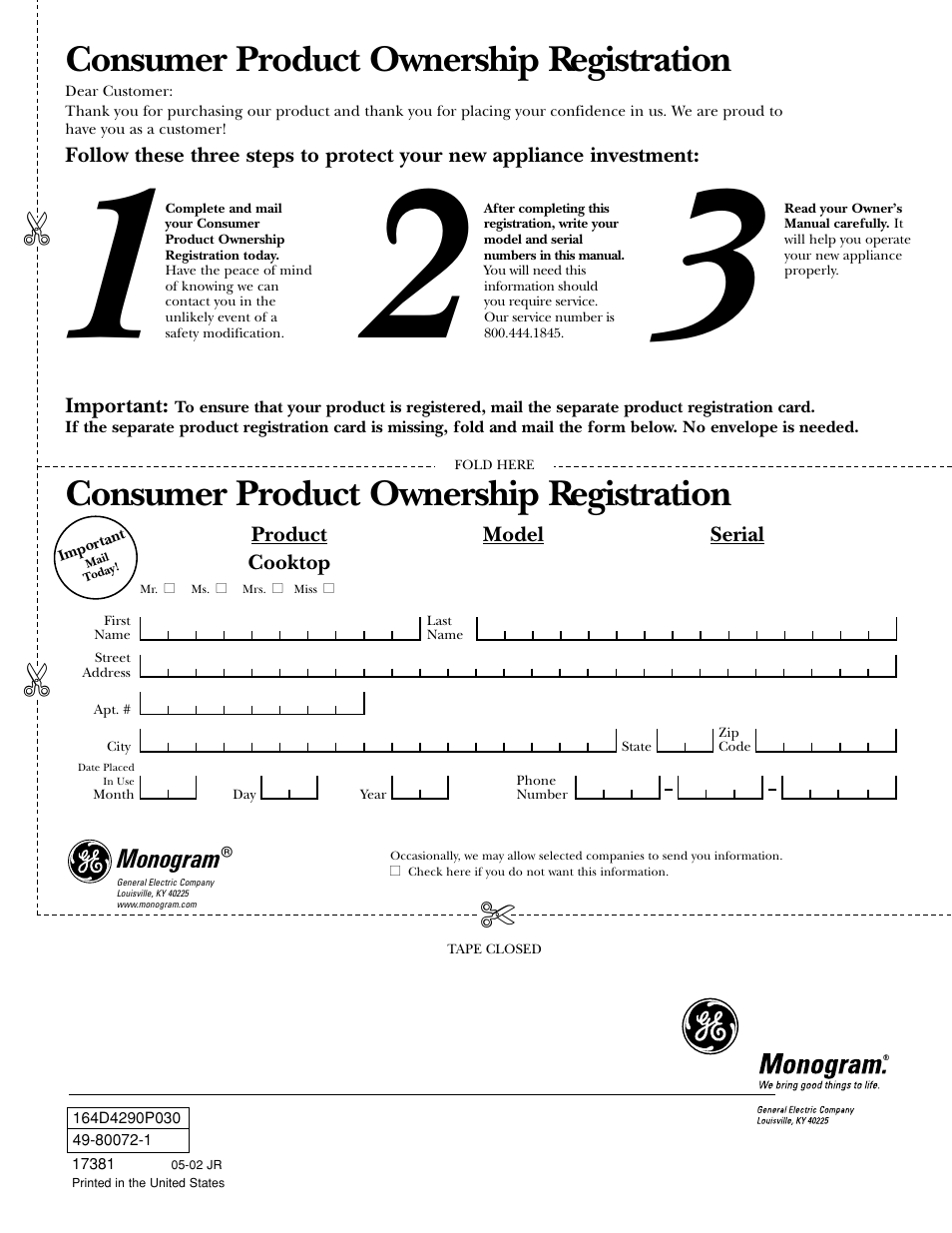 Product registration, Product registration , 23, 24, Consumer product ownership registration | GE 36 User Manual | Page 24 / 24