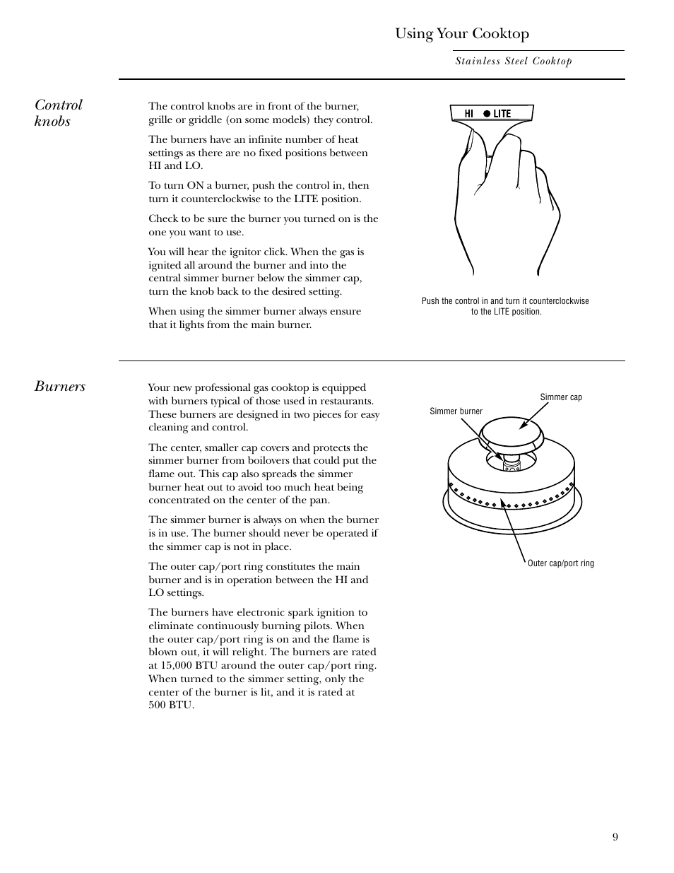 Burners, Burners –11, Using your cooktop | Control knobs | GE 36 User Manual | Page 9 / 24