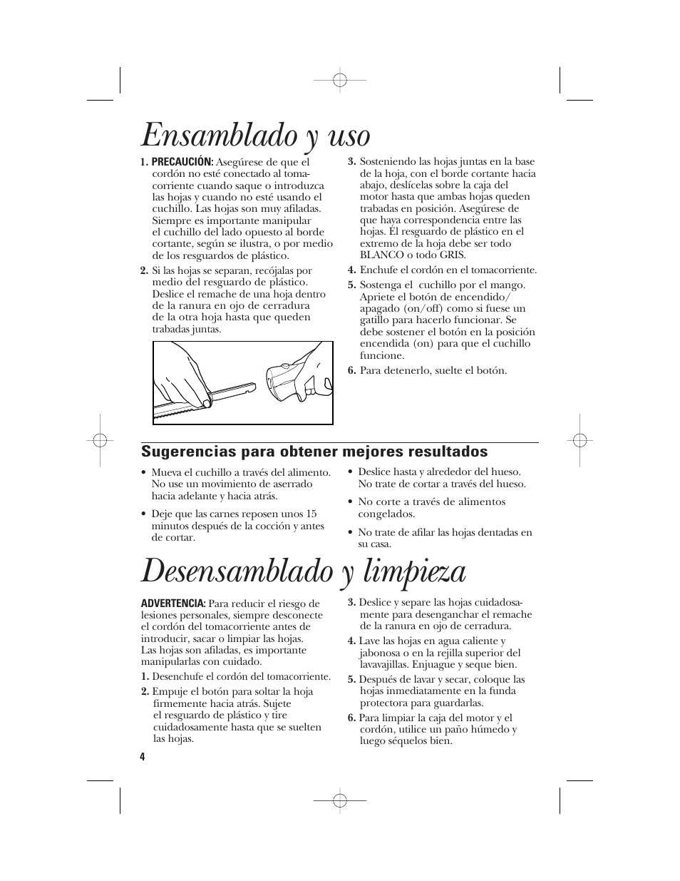 Ensamblado y uso, Desensamblado y limpieza, Sugerencias para obtener mejores resultados | GE 106612 User Manual | Page 10 / 12