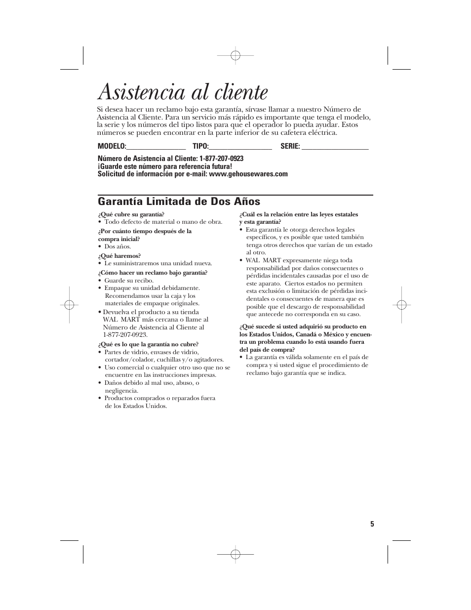 Asistencia al cliente, Garantía limitada de dos años | GE 106612 User Manual | Page 11 / 12